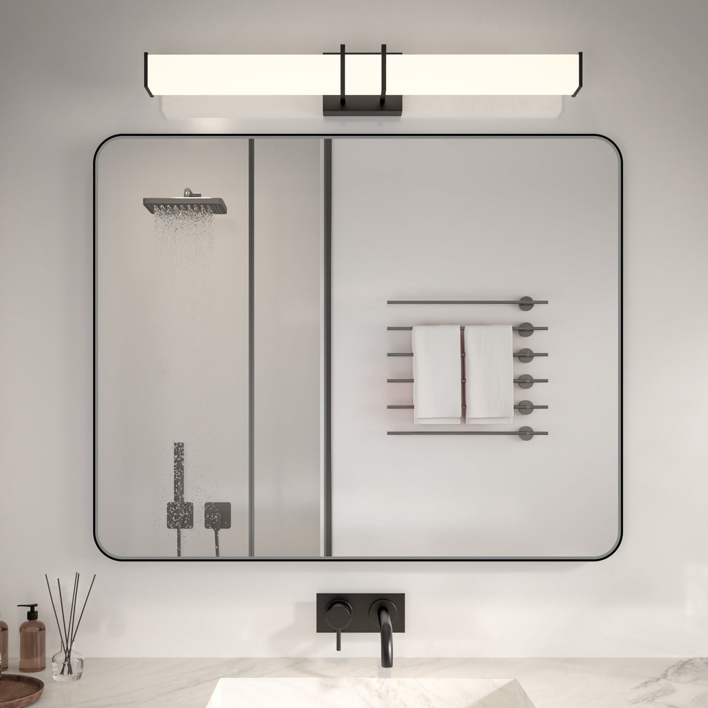 Noir 40" x 32" Vanity Mirror �C Modern, Elegant, Rectangular Wall Mirror with Tempered Glass, Shatterproof, Rust-Resistant, Matte Black Frame for Bathroom, Living Room & Hallway - ExBriteUSA