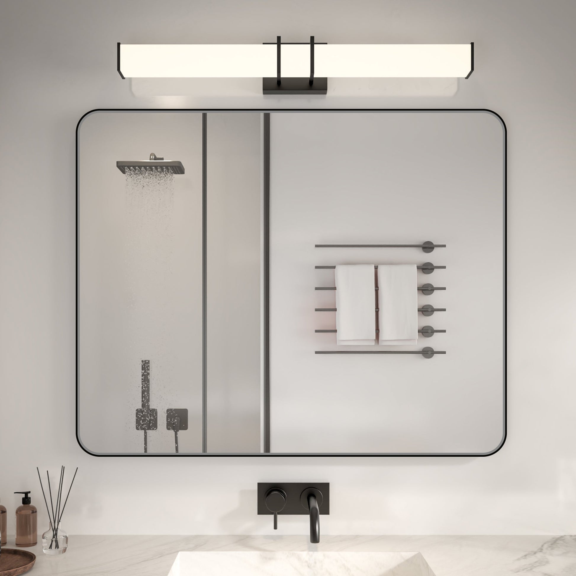 Noir 40" x 32" Vanity Mirror �C Modern, Elegant, Rectangular Wall Mirror with Tempered Glass, Shatterproof, Rust-Resistant, Matte Black Frame for Bathroom, Living Room & Hallway - ExBriteUSA