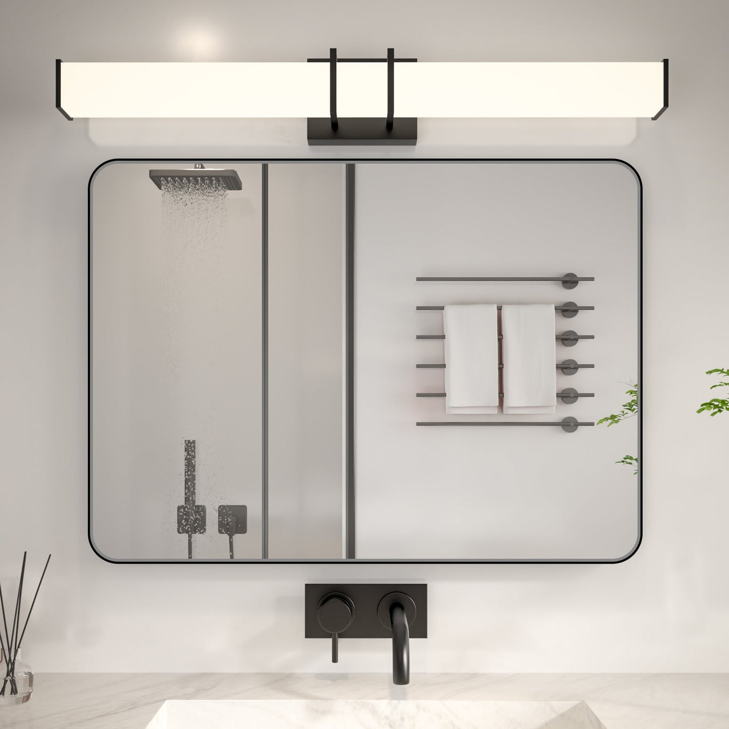 Noir 22" x 30" Vanity Mirror �C Modern, Elegant, Rectangular Wall Mirror with Tempered Glass, Shatterproof, Rust-Resistant, Matte Black Frame for Bathroom, Living Room & Hallway - ExBriteUSA