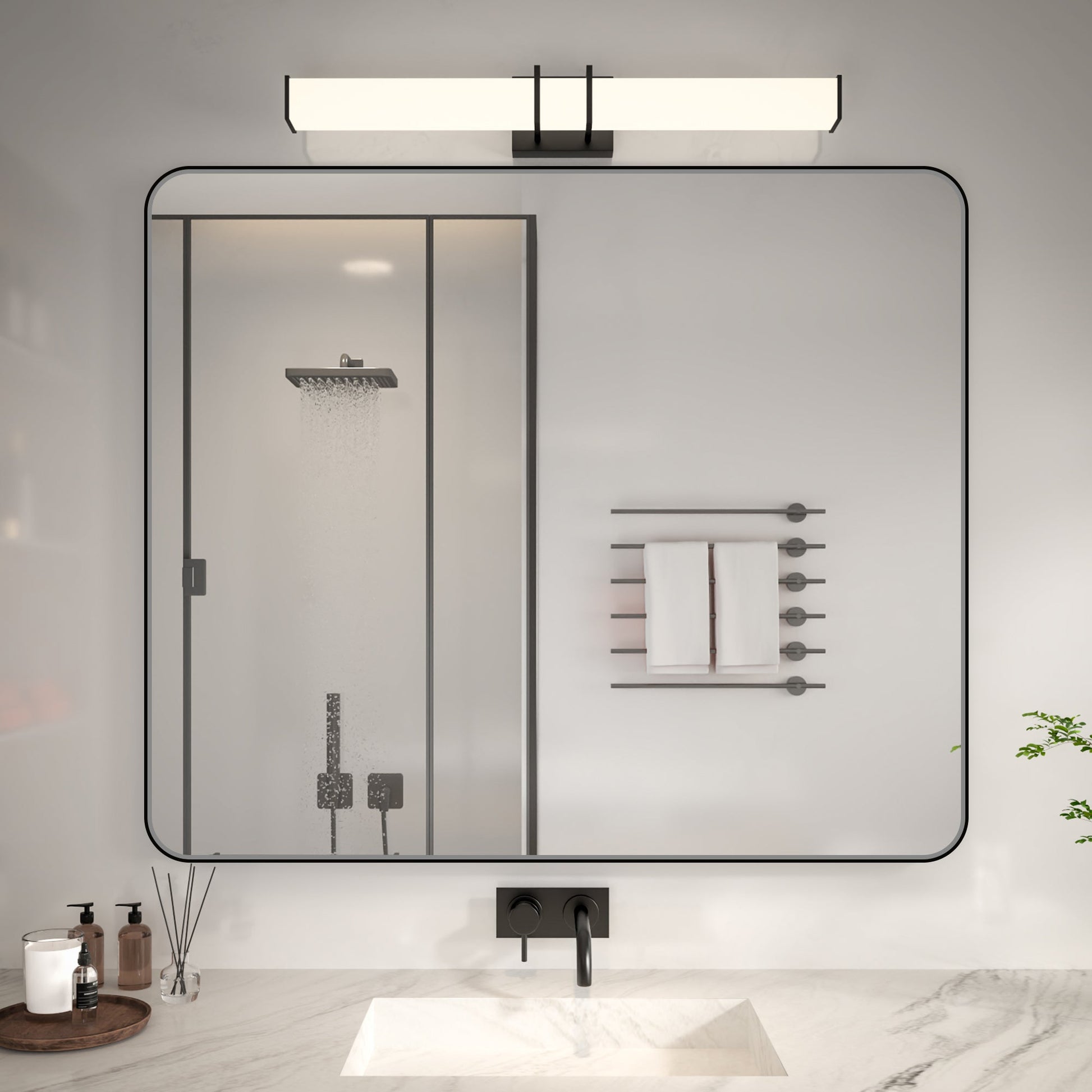 Noir 48" x 40" Vanity Mirror �C Modern, Elegant, Rectangular Wall Mirror with Tempered Glass, Shatterproof, Rust-Resistant, Matte Black Frame for Bathroom, Living Room & Hallway - ExBriteUSA