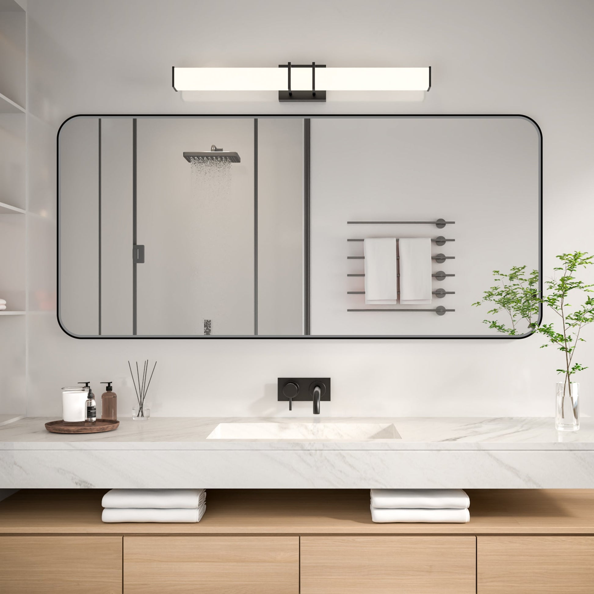 Noir 60" x 28" Vanity Mirror �C Modern, Elegant, Rectangular Wall Mirror with Tempered Glass, Shatterproof, Rust-Resistant, Matte Black Frame for Bathroom, Living Room & Hallway - ExBriteUSA