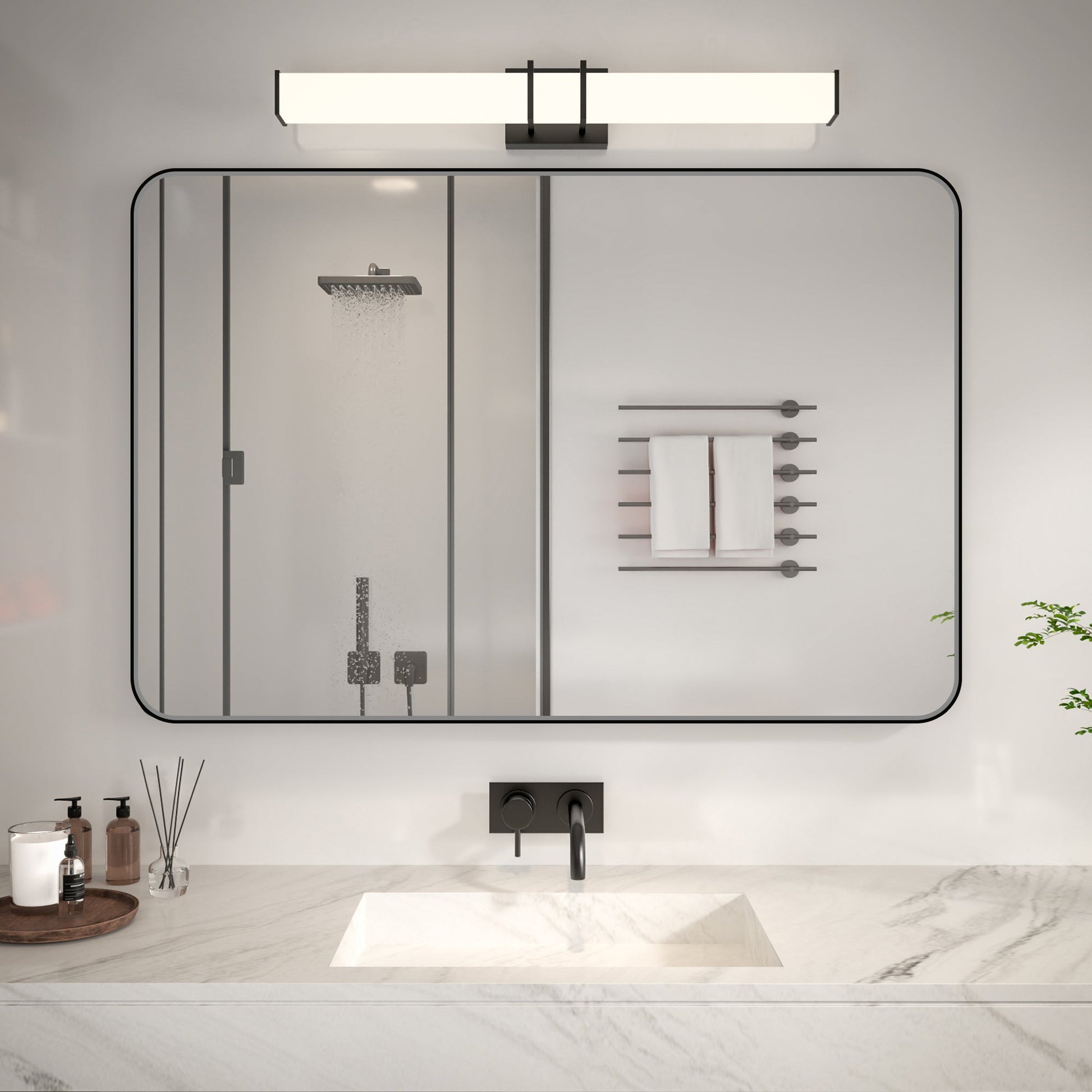 Noir 48" x 32" Vanity Mirror �C Modern, Elegant, Rectangular Wall Mirror with Tempered Glass, Shatterproof, Rust-Resistant, Matte Black Frame for Bathroom, Living Room & Hallway - ExBriteUSA