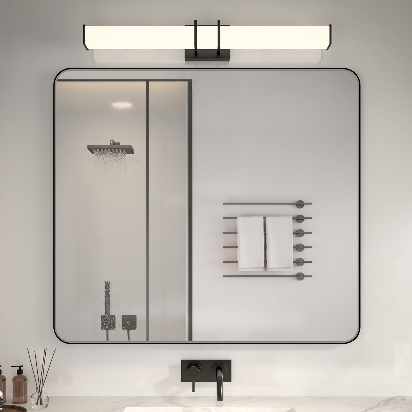 Noir 40" x 36" Vanity Mirror �C Modern, Elegant, Rectangular Wall Mirror with Tempered Glass, Shatterproof, Rust-Resistant, Matte Black Frame for Bathroom, Living Room & Hallway - ExBriteUSA