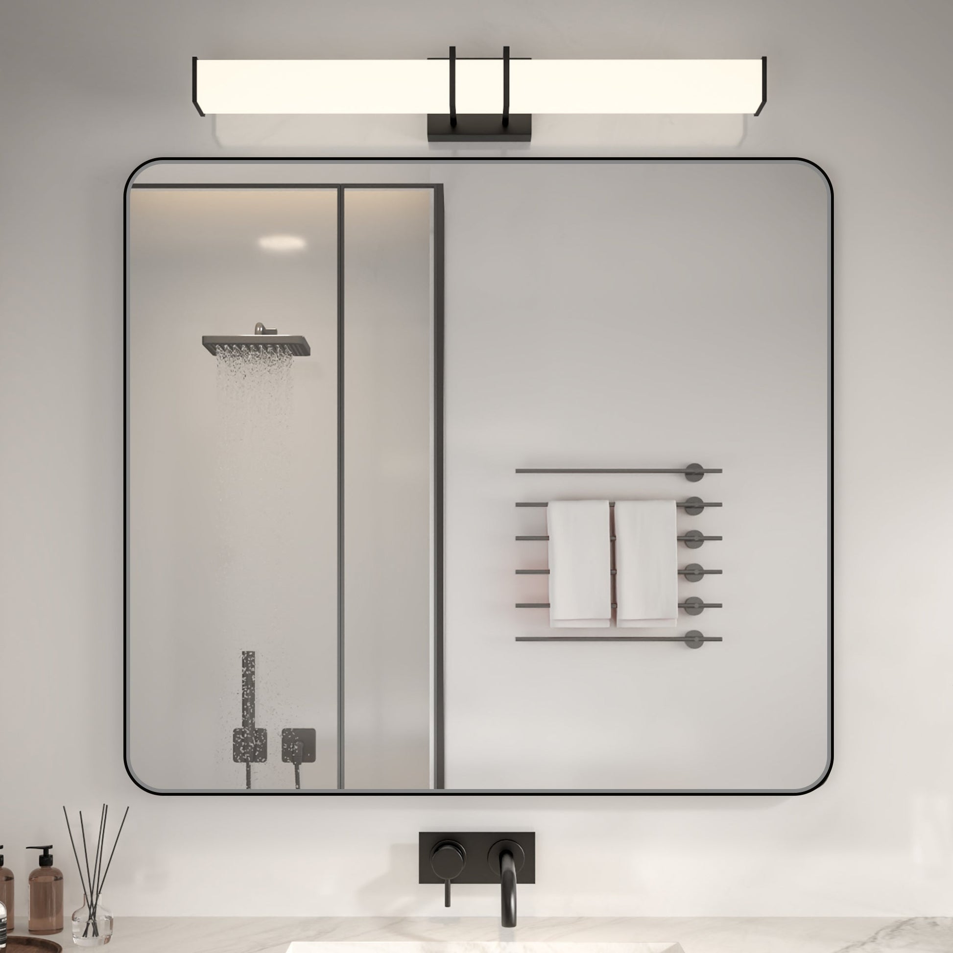 Noir 40" x 36" Vanity Mirror �C Modern, Elegant, Rectangular Wall Mirror with Tempered Glass, Shatterproof, Rust-Resistant, Matte Black Frame for Bathroom, Living Room & Hallway - ExBriteUSA