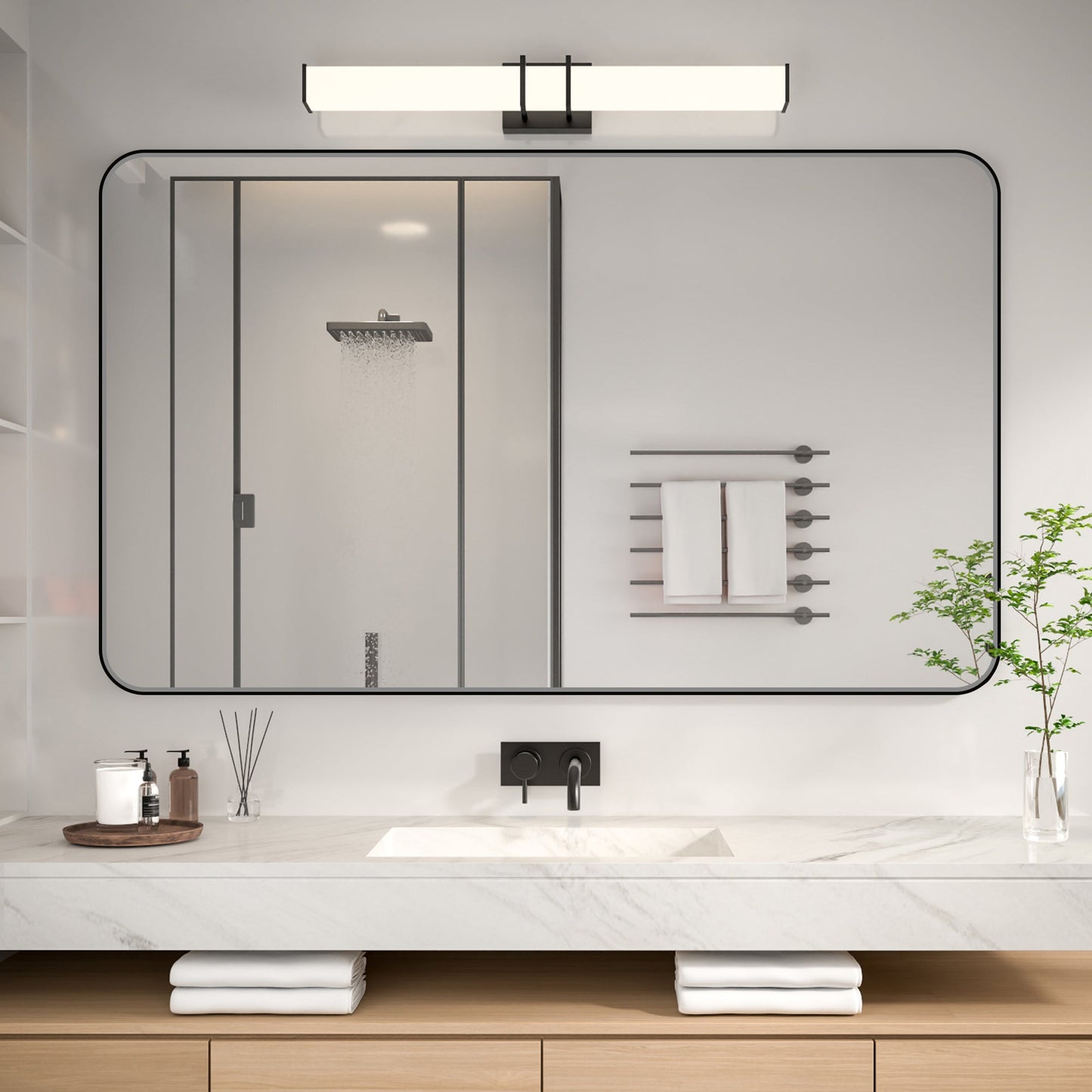Noir 60" x 36" Vanity Mirror �C Modern, Elegant, Rectangular Wall Mirror with Tempered Glass, Shatterproof, Rust-Resistant, Matte Black Frame for Bathroom, Living Room & Hallway - ExBriteUSA