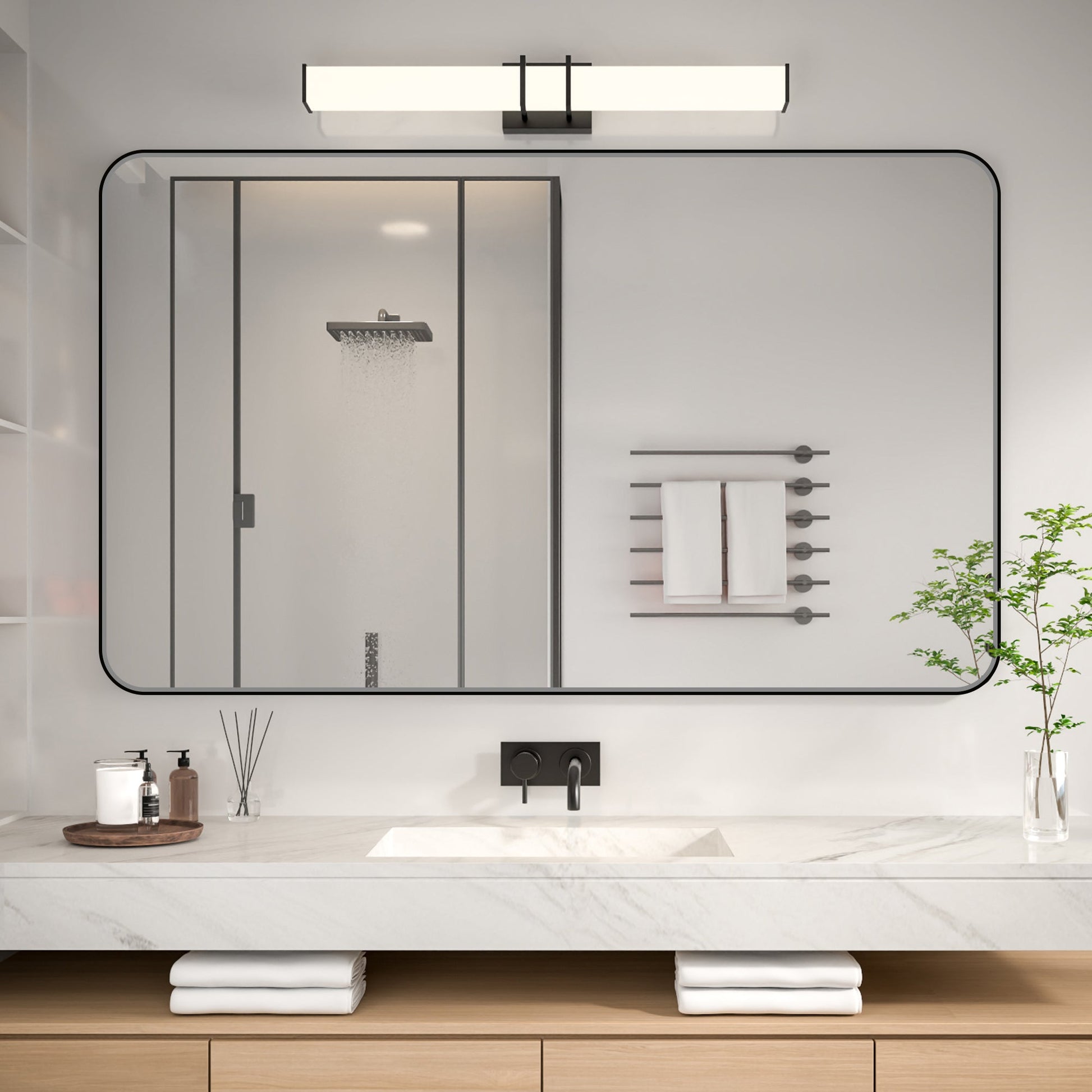 Noir 60" x 36" Vanity Mirror �C Modern, Elegant, Rectangular Wall Mirror with Tempered Glass, Shatterproof, Rust-Resistant, Matte Black Frame for Bathroom, Living Room & Hallway - ExBriteUSA