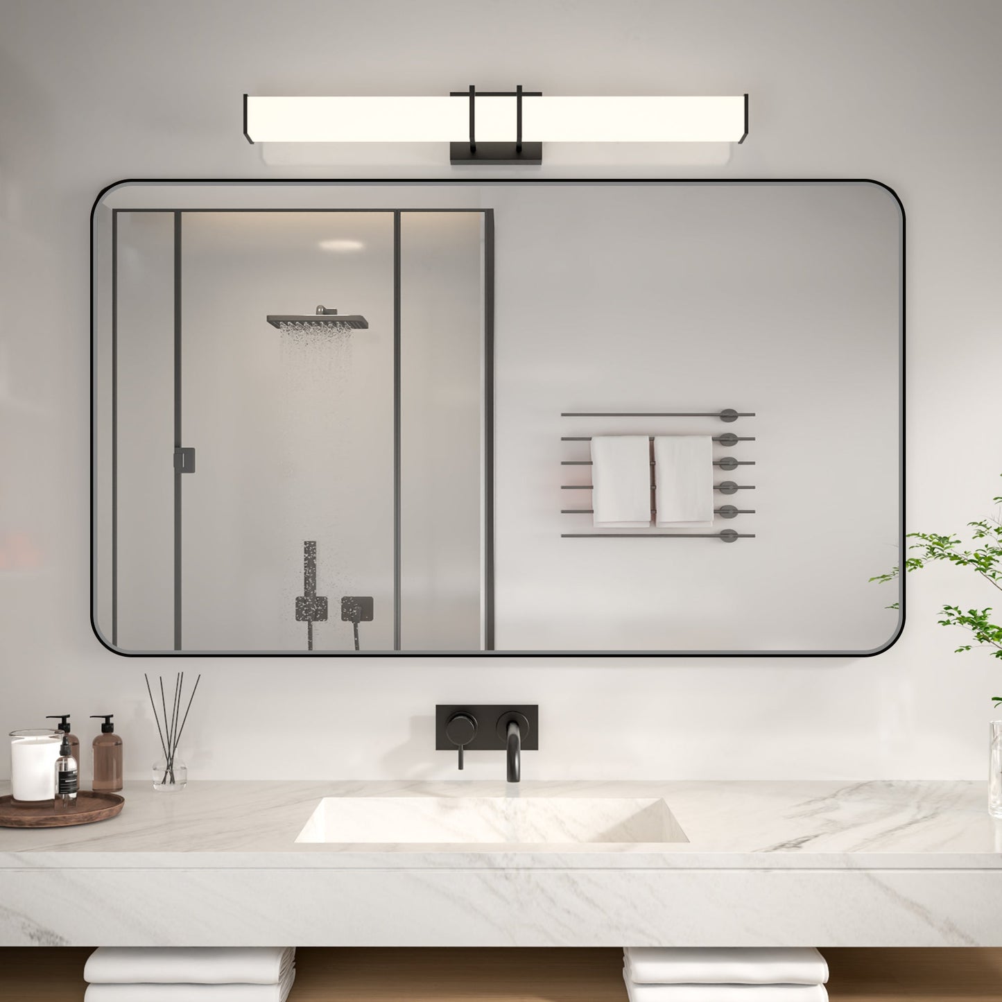 Noir 52" x 30" Vanity Mirror �C Modern, Elegant, Rectangular Wall Mirror with Tempered Glass, Shatterproof, Rust-Resistant, Matte Black Frame for Bathroom, Living Room & Hallway - ExBriteUSA