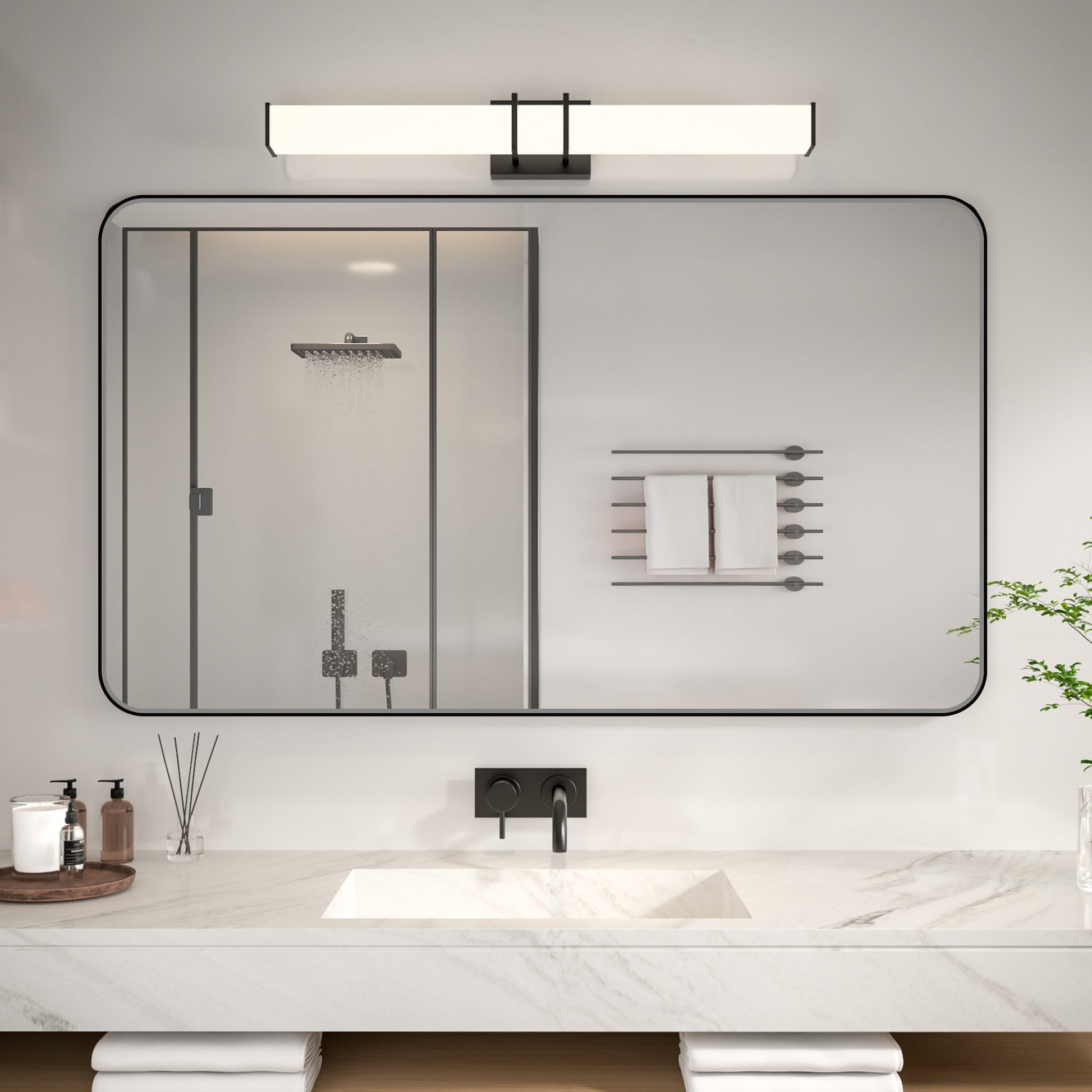 Noir 52" x 30" Vanity Mirror �C Modern, Elegant, Rectangular Wall Mirror with Tempered Glass, Shatterproof, Rust-Resistant, Matte Black Frame for Bathroom, Living Room & Hallway - ExBriteUSA