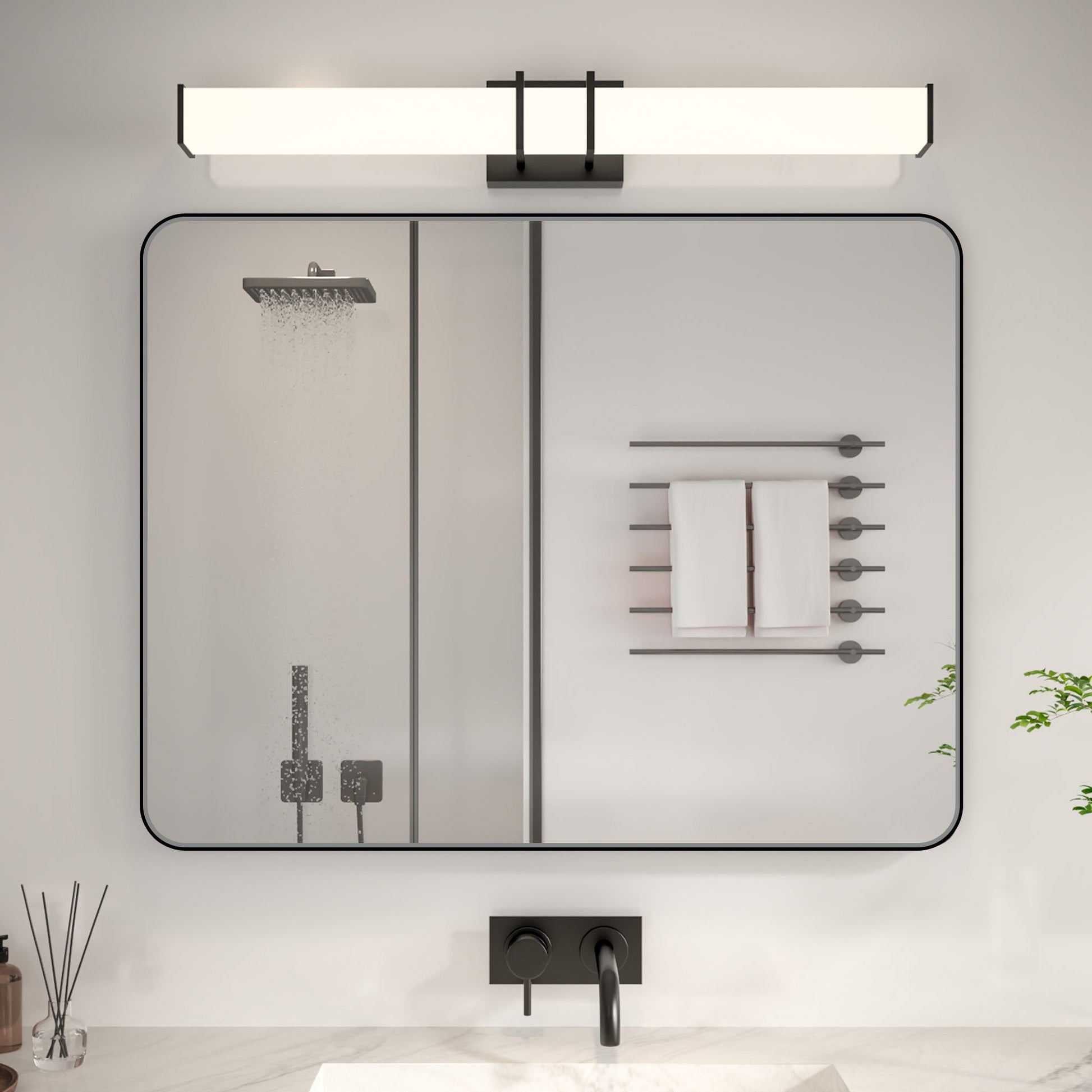 Noir 28" x 36" Vanity Mirror �C Modern, Elegant, Rectangular Wall Mirror with Tempered Glass, Shatterproof, Rust-Resistant, Matte Black Frame for Bathroom, Living Room & Hallway - ExBriteUSA