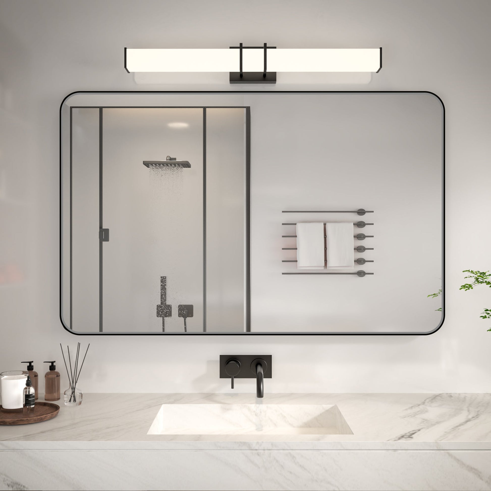 Noir 48" x 30" Vanity Mirror �C Modern, Elegant, Rectangular Wall Mirror with Tempered Glass, Shatterproof, Rust-Resistant, Matte Black Frame for Bathroom, Living Room & Hallway - ExBriteUSA