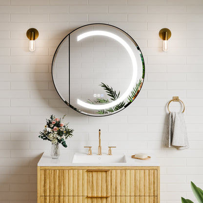 Hola 26" Round LED Medicine Cabinet �C Black Frame, Anti-Fog, Dimmable Lighting, Surface Mount - ExBriteUSA