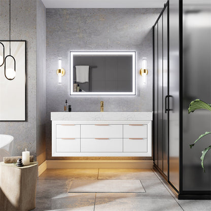 Glam 48" modern floating white rubberwood bathroom vanity cabinet with lights and stone slab countertop, single sinks.