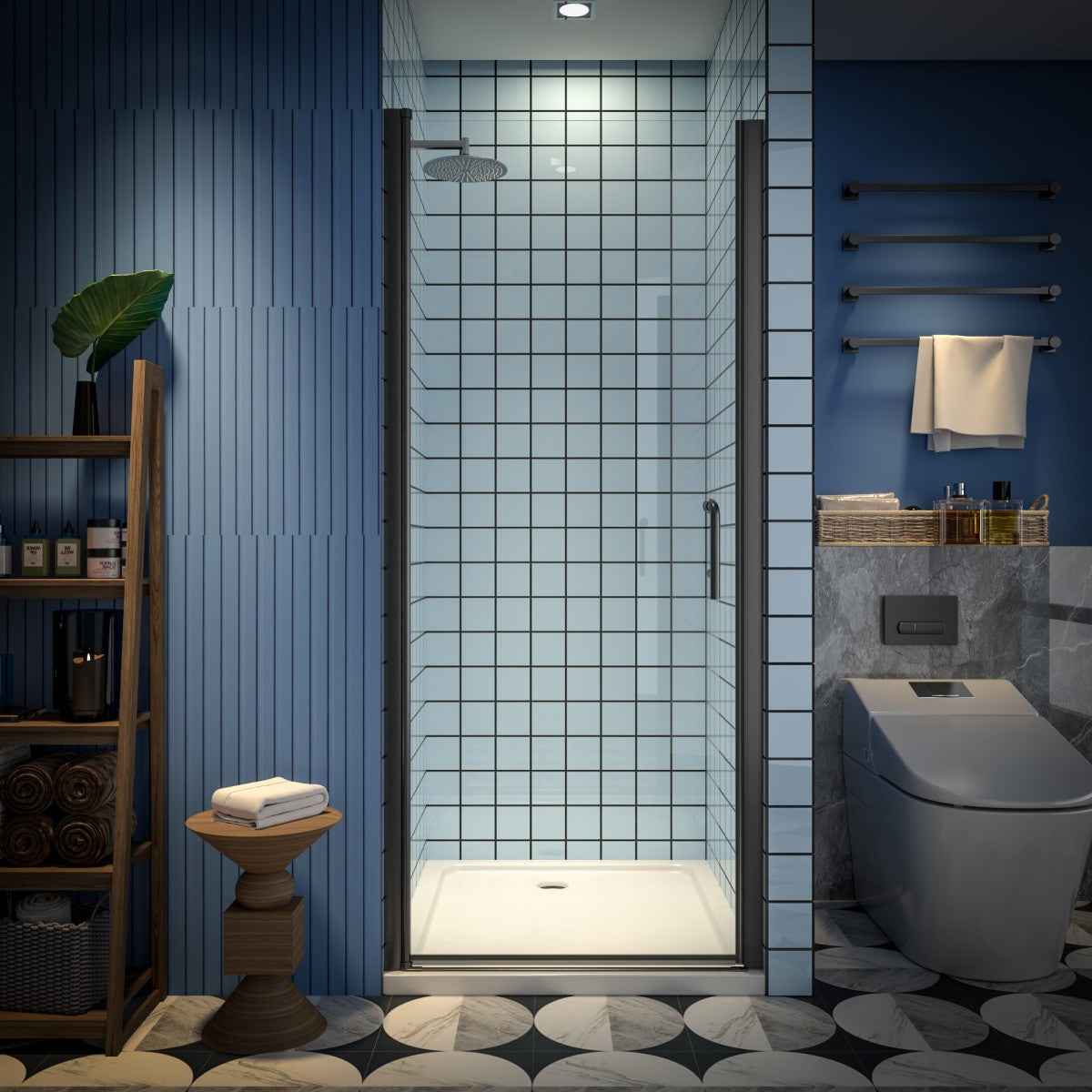 Classy 32-34" W x 72" H Pivot Shower Door Semi-Frameless Hinged in Matte Black Install Glass Shower Door