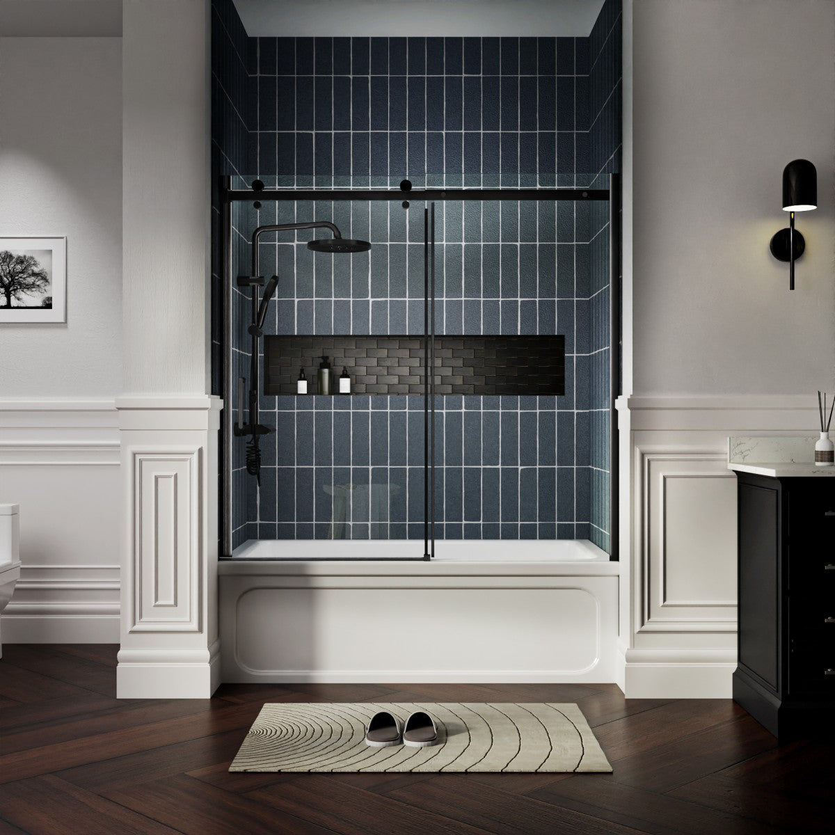 Zephyr 56-60" Semi-Frameless Single Sliding Tub Door,Matte Black,Bypass Bathtub Shower Tempered Glass Door with Explosion-Proof Film