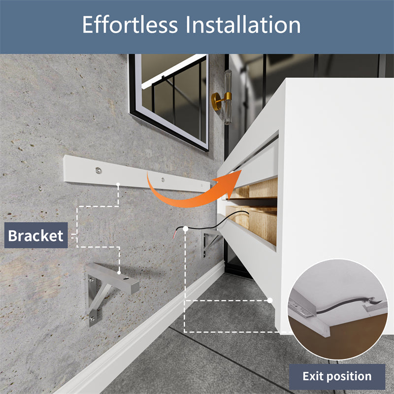 Glam 48" modern floating white rubberwood bathroom vanity installation guide with bracket and exit position details.