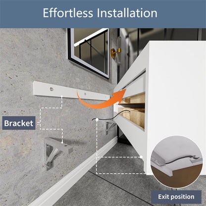 Glam 48" modern floating white rubberwood bathroom vanity installation guide with bracket and exit position details.