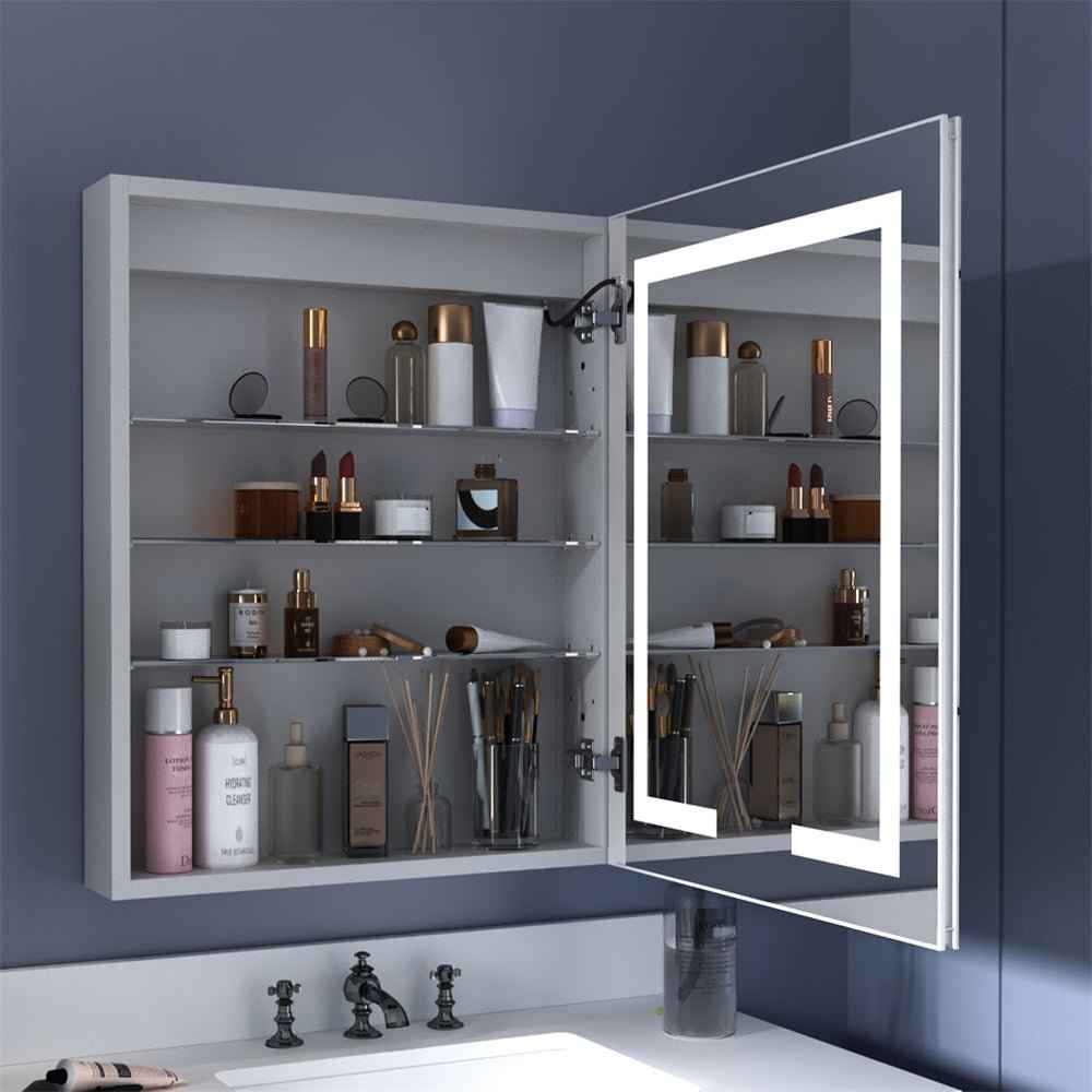 Boost-M1 24" W x 30" H Light Medicine Cabinet Recessed or Surface Mount Aluminum Adjustable Shelves Vanity Mirror Cabinet,Hinge on the Right