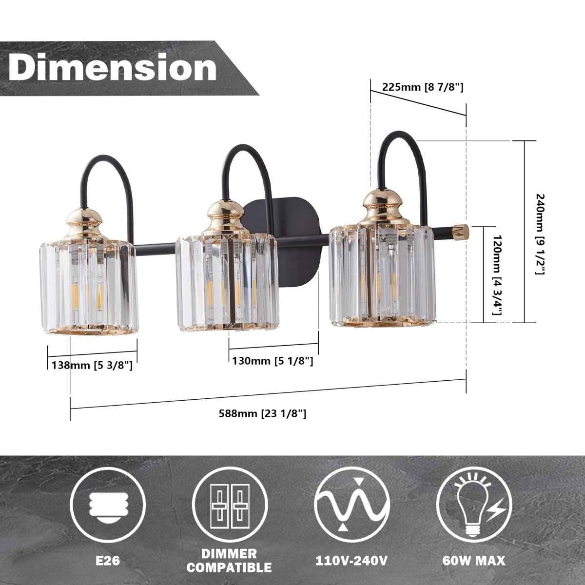 ExBrite 23 1/8" W 3 Light Bathroom Black and Gold Vanity Lights for Bathroom Light