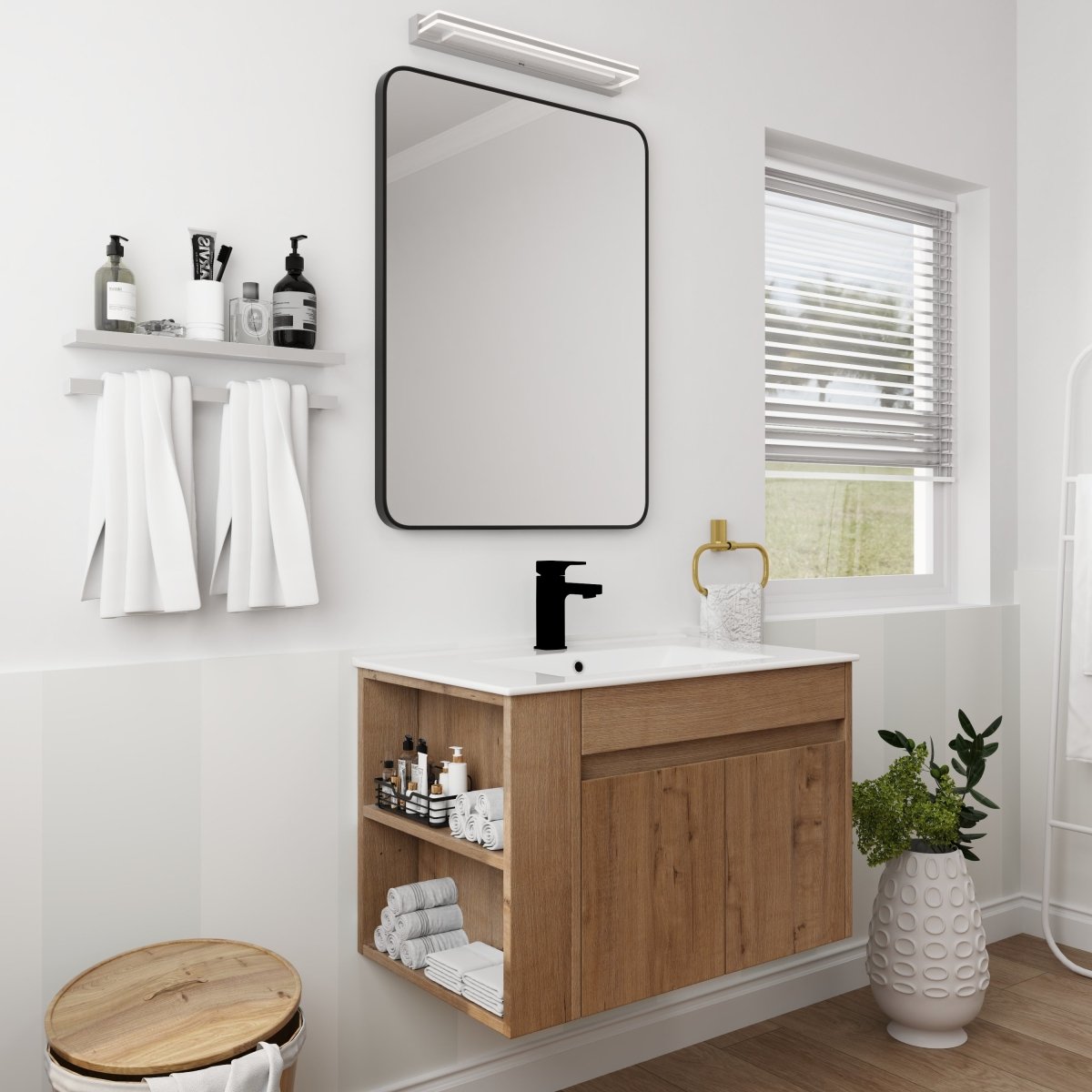 ExBrite 30" Wall Mount Floating Vanity with White Ceramic Basin and Adjust Open Shelf