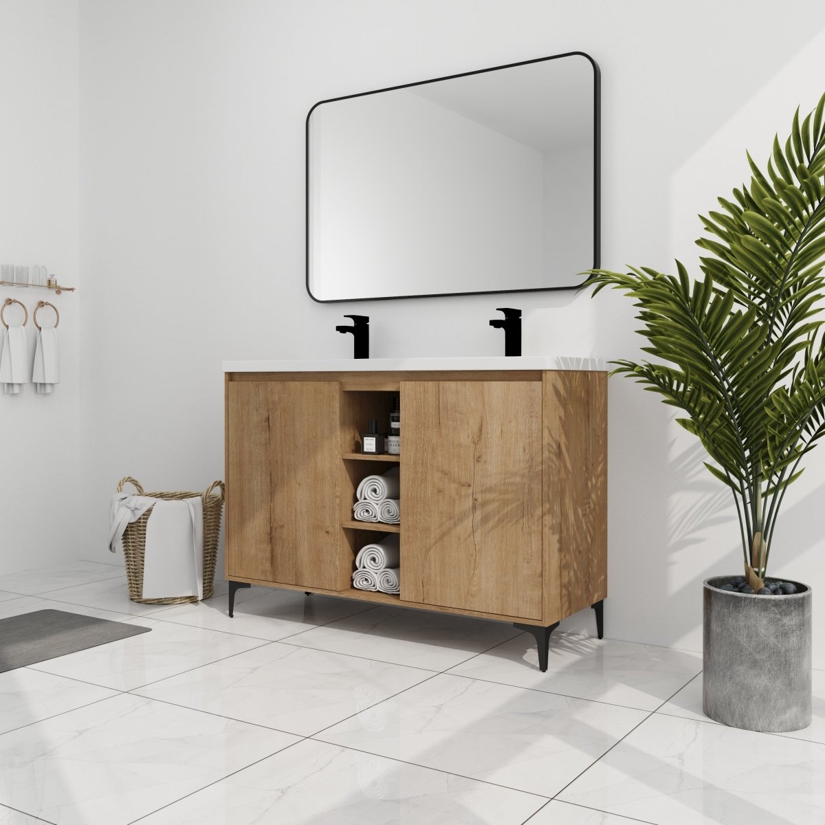ExBrite 48" Freestanding Bathroom Vanity With Double Sink, Soft Closing Door Hinge