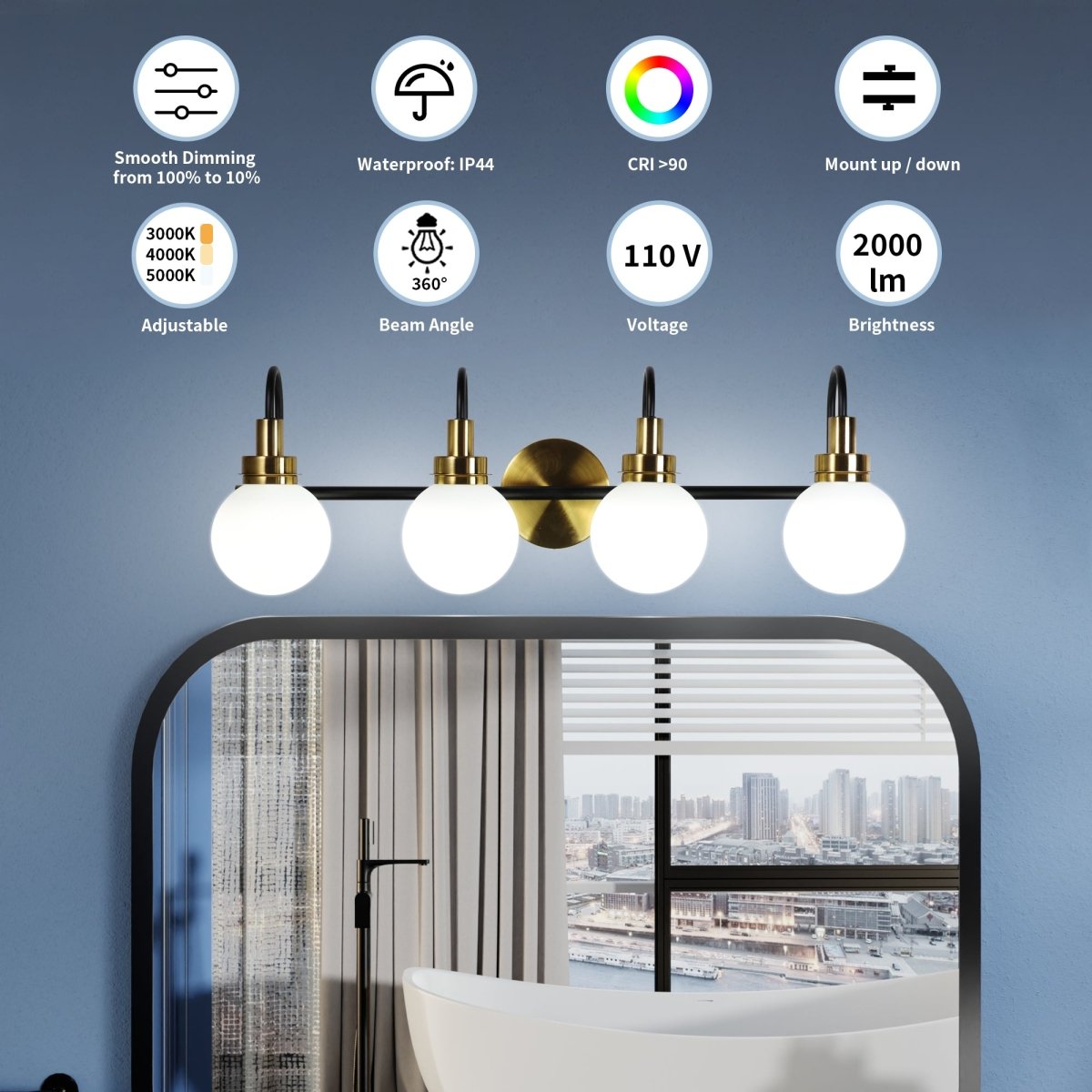 ExBrite Farmhouse Style 4-Light LED Vanity Light Fixture with Dimmable Switch
