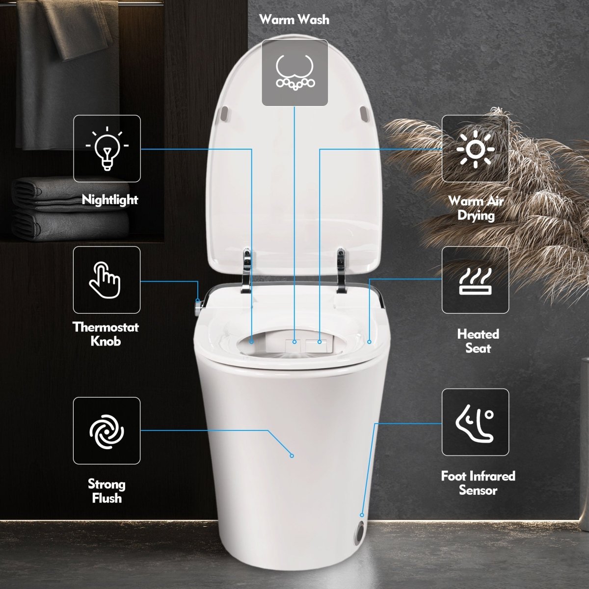 ExBrite Luxury Smart Toilet with Dryer,Warm Water,Elongated Bidet,Heated Seat,Remote Control,Night Light,Power Outage Flushing,Soft Close