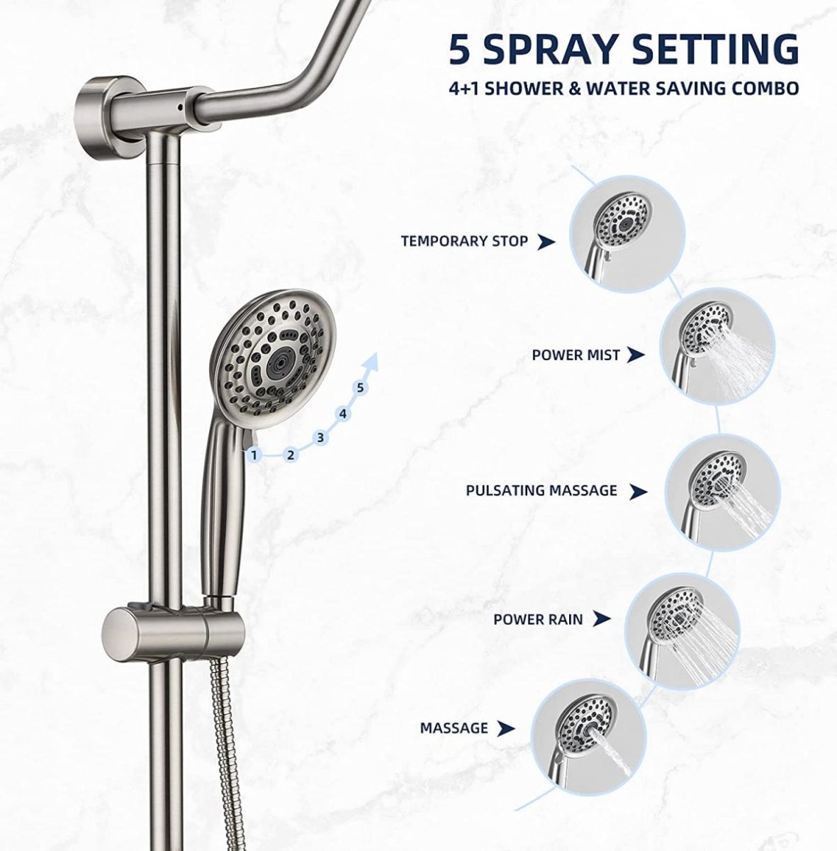 Exbrite Shower System with Rain Showerhead, Brushed Nickel Finish,5-Function Hand Shower, Adjustable Slide Bar and Soap Dish for Bathroom Shower Faucet Set