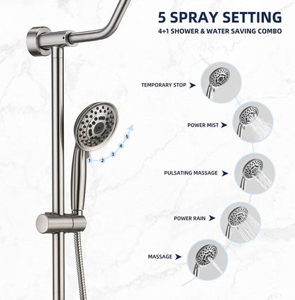 Exbrite Shower System with Rain Showerhead, Brushed Nickel Finish,5-Function Hand Shower, Adjustable Slide Bar and Soap Dish for Bathroom Shower Faucet Set