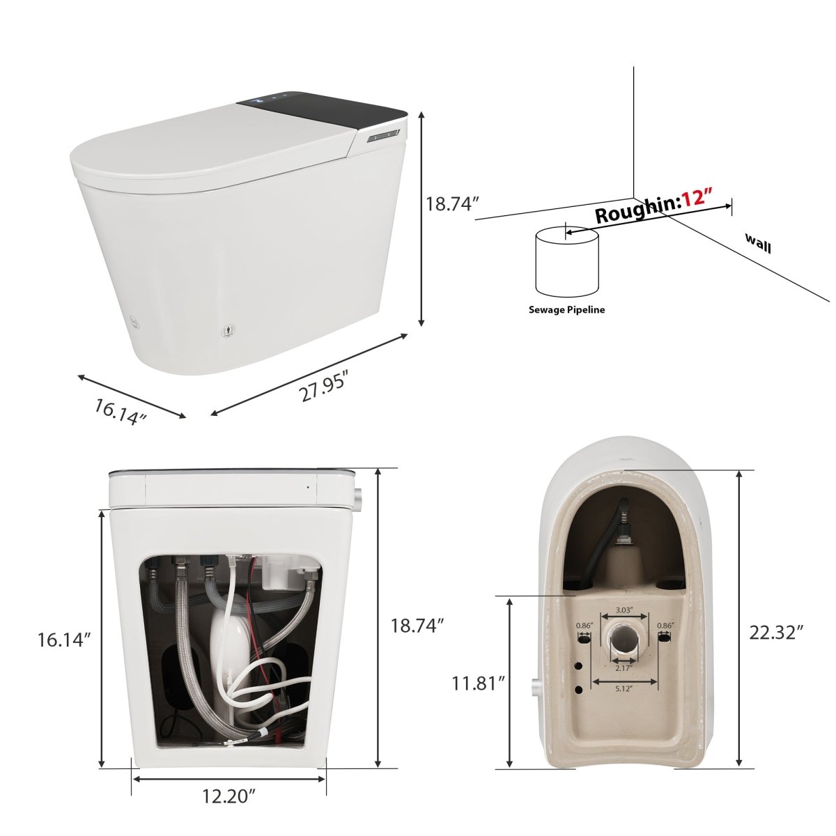ExBrite Tankless Smart Toilet with Bidet Built In,Auto Open & Close,Wider Bidet with Heated Seat, Warm Water and Dry, Foot Sensor, LED Display, Remote Control