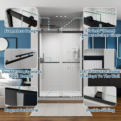 ExRoll 44 - 48" x 74" Frameless Shower Sliding Glass,Matte Black,Water Repellent Glass Shower Door,Easy Glide Rollers Sliding Shower Door