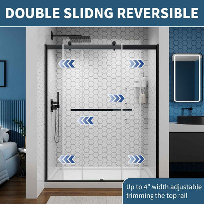 ExRoll 56"-60" Width x 74" Height Shower Sliding Glass,Clear Tempered Glass,Matte Black,Horizontal Handle,Smooth Door Closing