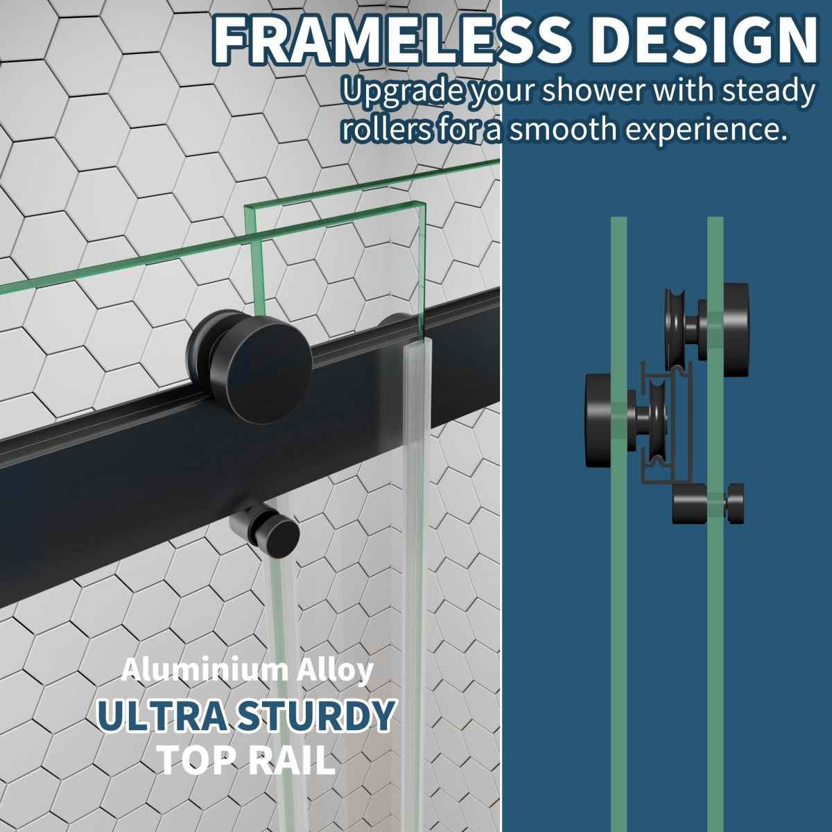 ExRoll 56"-60" Width x 74" Height Shower Sliding Glass,Clear Tempered Glass,Matte Black,Horizontal Handle,Smooth Door Closing