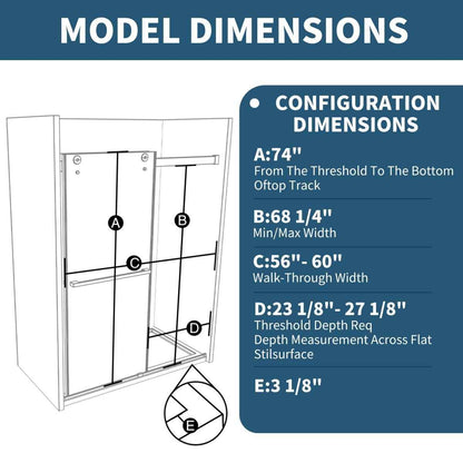 ExRoll 56"-60" Width x 74" Height Shower Sliding Glass,Clear Tempered Glass,Matte Black,Horizontal Handle,Smooth Door Closing