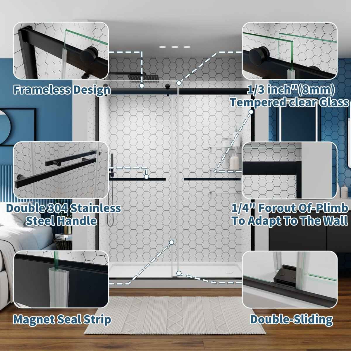 ExRoll 56"-60" Width x 74" Height Shower Sliding Glass,Clear Tempered Glass,Matte Black,Horizontal Handle,Smooth Door Closing