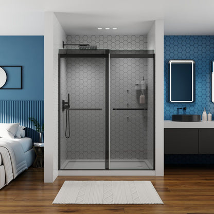 ExRoll - GR Semi - Frameless Shower Sliding Glass 56 - 60 in. W x 74 in. H Bypass Sliding Shower Enclosure,Matte Black,Double Sliding Glass Doors