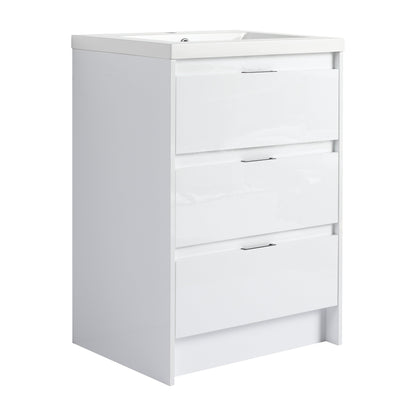 Allsumhome 24' Freestanding Bathroom Cabinet with Resin Sink, 3-Soft Close Drawers, Glossy White,(KD-Packing)