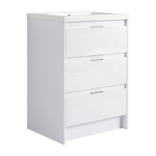 Allsumhome 24' Freestanding Bathroom Cabinet with Resin Sink, 3-Soft Close Drawers, Glossy White,(KD-Packing)