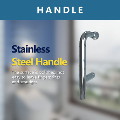 Stainless steel handle on Classy pivot semi-frameless glass shower door in chrome, polished and smudge-resistant.