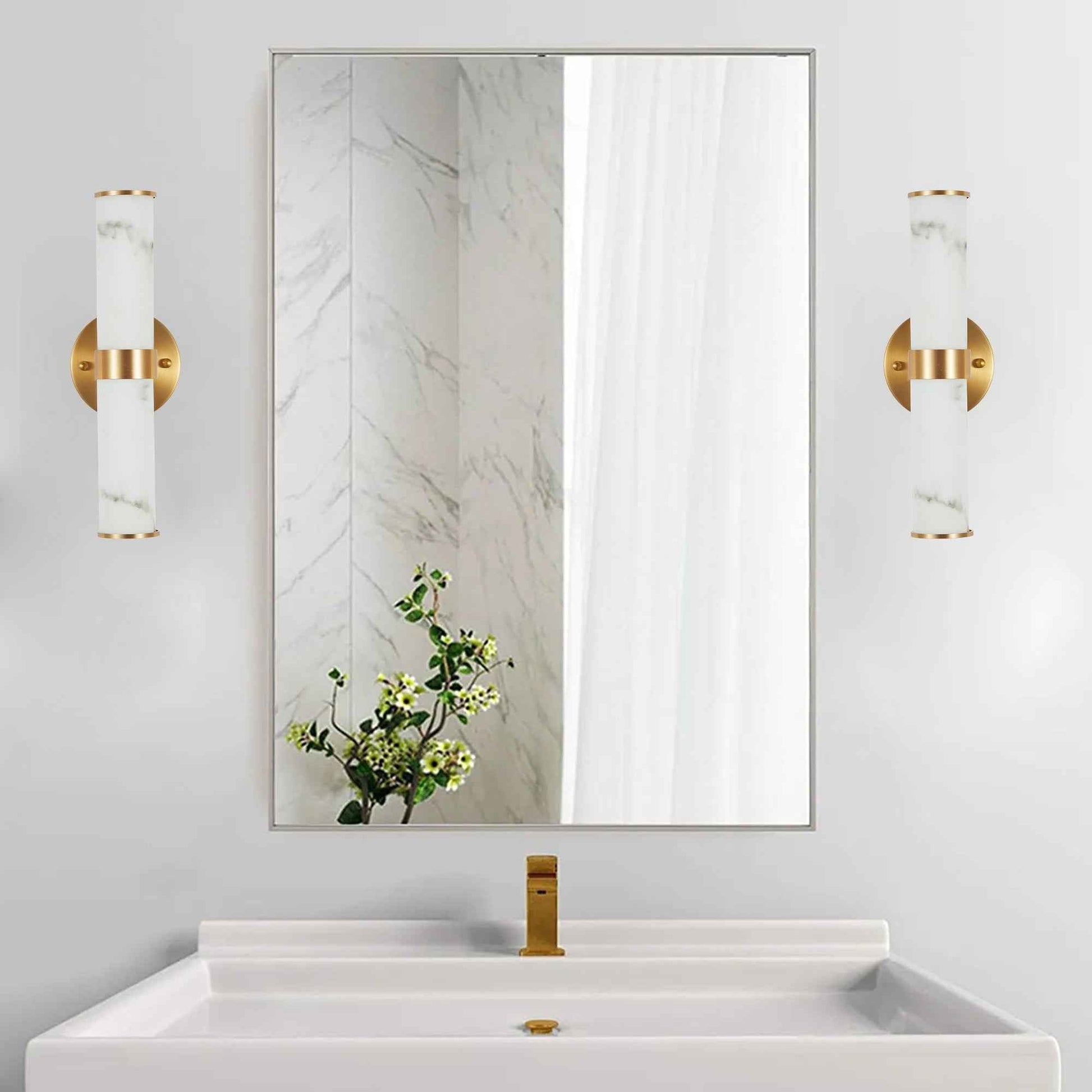 Exbrite Set of 2 Modern Marble-Effect Resin Wall Sconces with Gold Accents �C Elegant LED-Compatible Vanity Lights for Bedroom, Living Room & Hallway(Only Inoor)