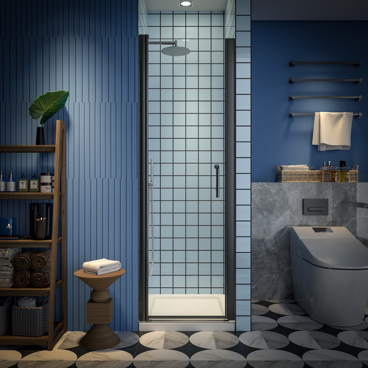 Classy 24-26" W x 72" H clear glass shower door with black hinged pivot installation in a modern bathroom.