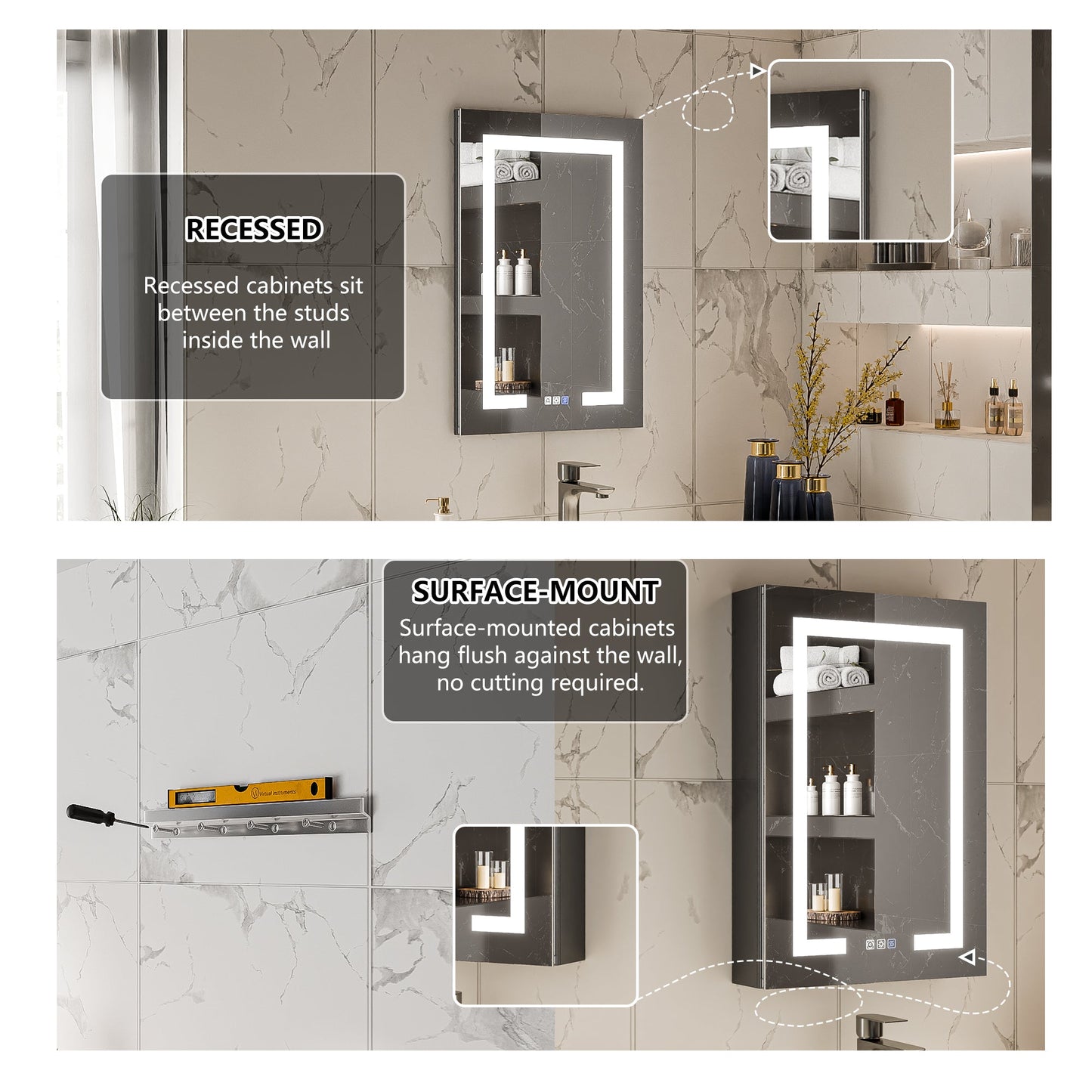 Boost-M1 20" W x 30" H Light Medicine Cabinet Recessed or Surface Mount Aluminum Adjustable Shelves Vanity Mirror Cabinet, Black Frame, Hinge on the Right - ExBriteUSA