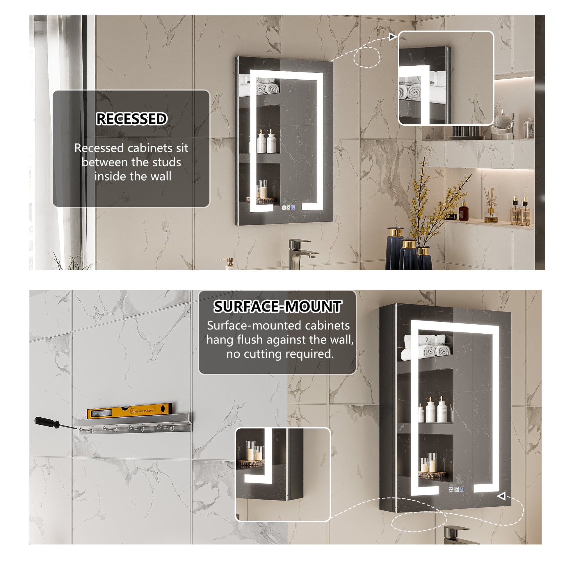 Boost-M1 20" W x 30" H Light Medicine Cabinet Recessed or Surface Mount Aluminum Adjustable Shelves Vanity Mirror Cabinet, Black Frame, Hinge on the Right - ExBriteUSA