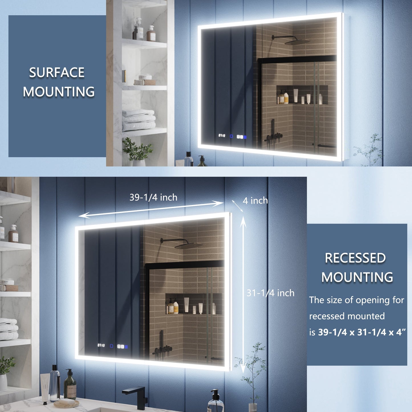 Illusion 40" x 32" LED lighted bathroom medicine cabinet with mirror, magnifiers, and front/back lighting options, shown in surface and recessed mounting setups.