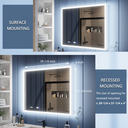 Illusion 40" x 32" LED lighted bathroom medicine cabinet with mirror, magnifiers, and front/back lighting options, shown in surface and recessed mounting setups.