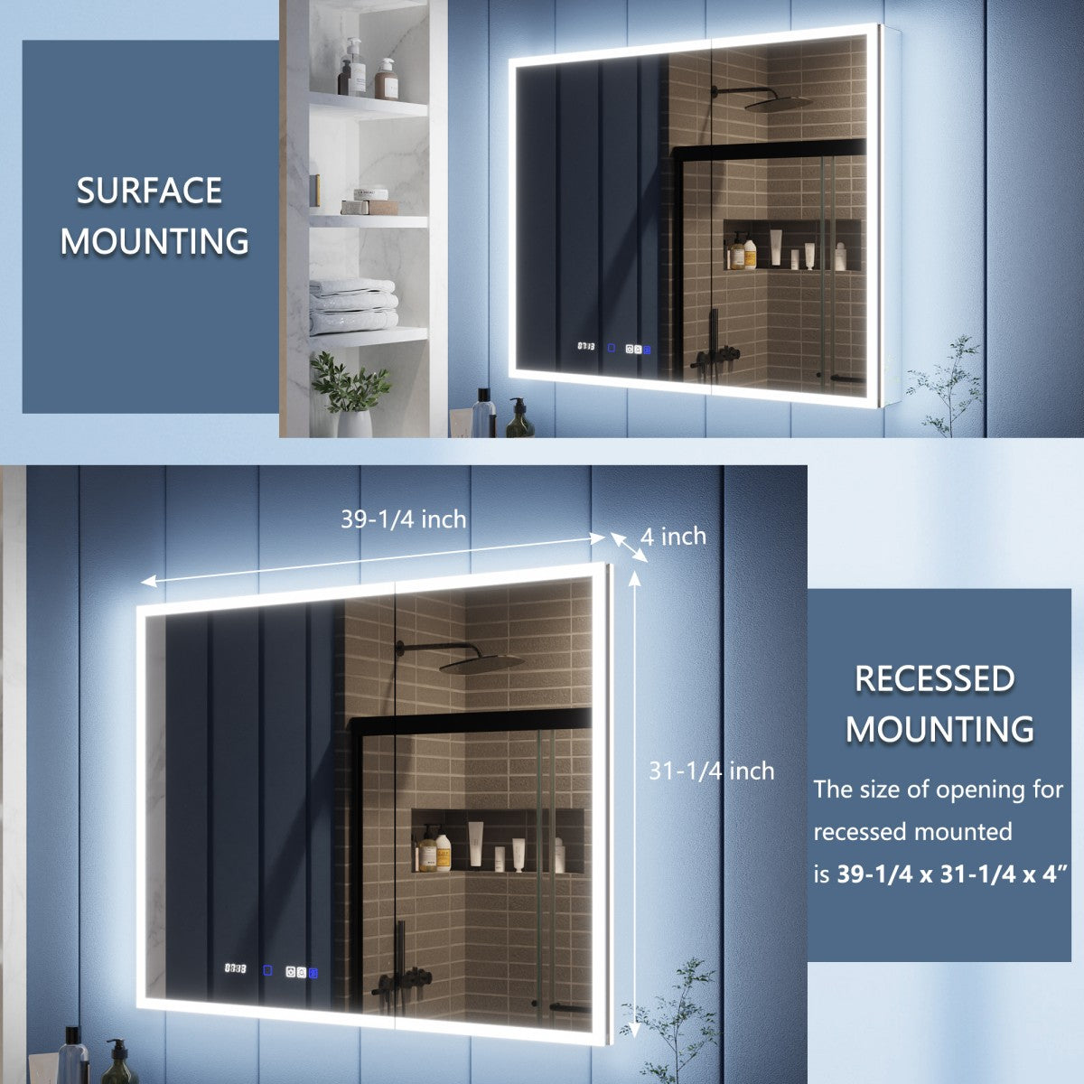 Bathroom mirror with surface and recessed mounting options on a blue tiled wall.