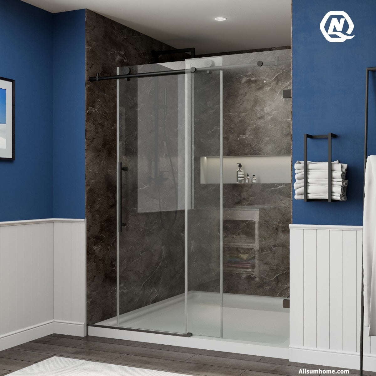 Anchor 56-60 in. W x 74 in. H Frameless Tall Shower Door Sliding Walk-in Shower Design with 8mm thick Clear Glass,Black - ExBriteUSA