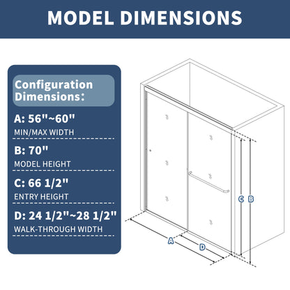 Glide Semi-Frameless Shower Door 56-60 in. W x 70 in. H Bypass Sliding Shower Enclosure,Brushed Gold,Double Sliding Glass Bathroom Doors - ExBriteUSA