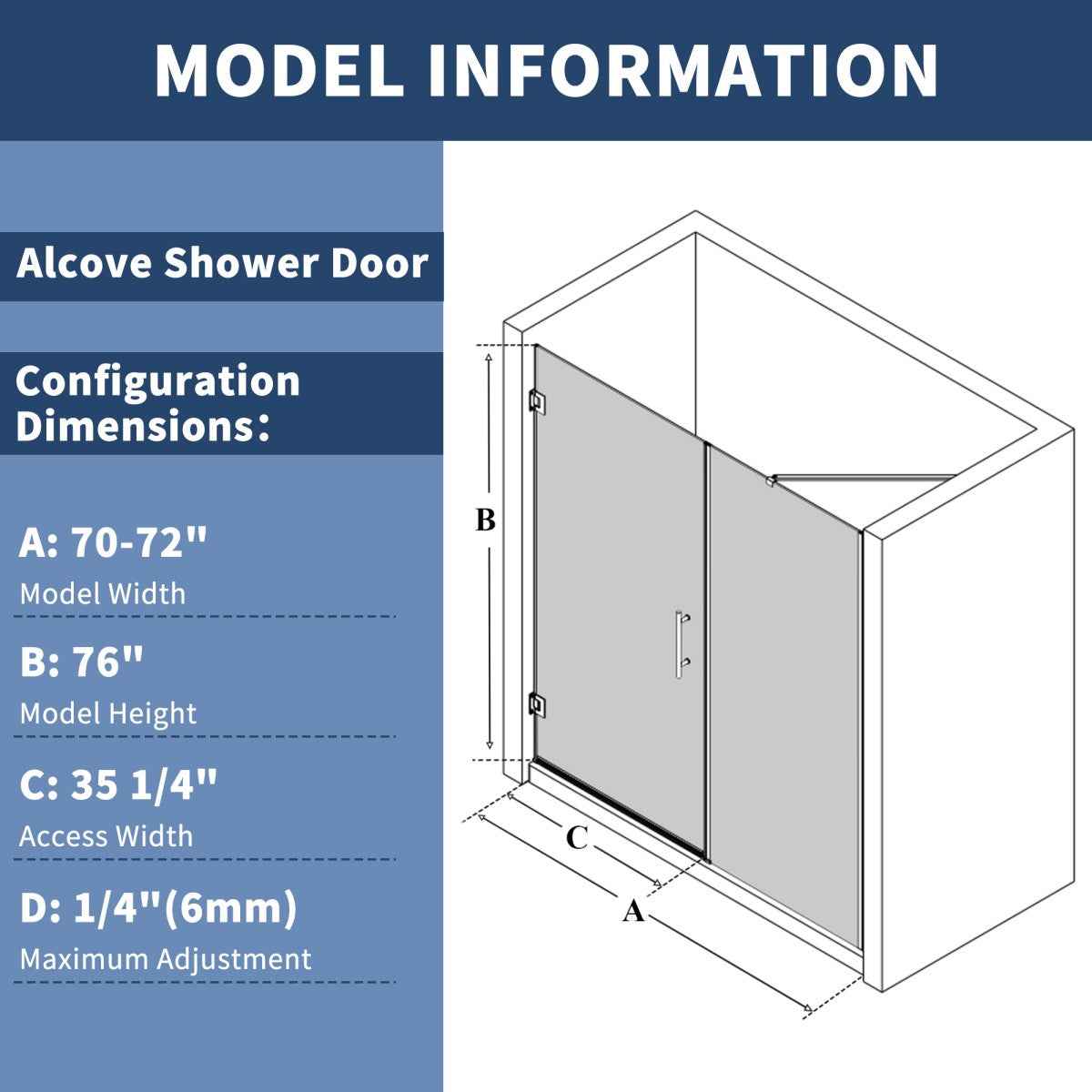 Gemini-W Allsumhome 56-58"Wx71"H Semi-Frameless Pivot Glass Shower Door,Pivot Shower Door,SGCC Tempered Glass,Matte Black,Reversible Installation
