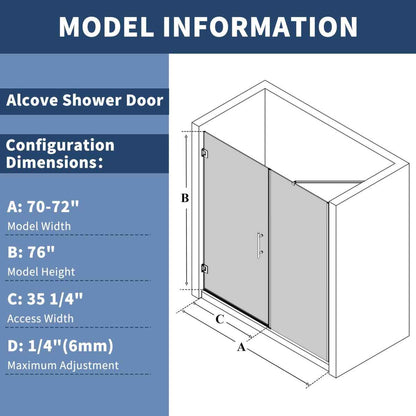 Gemini-W Allsumhome 56-58"Wx71"H Semi-Frameless Pivot Glass Shower Door,Pivot Shower Door,SGCC Tempered Glass,Matte Black,Reversible Installation