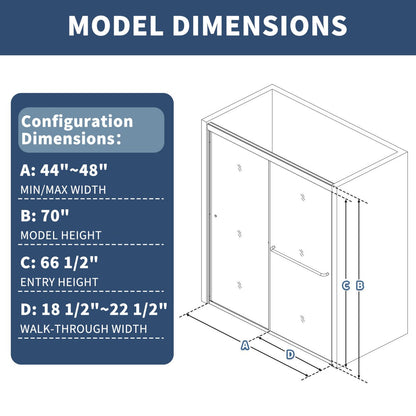 Glide 44-48" x 70" sliding glass shower doors dimensions and specifications illustration.